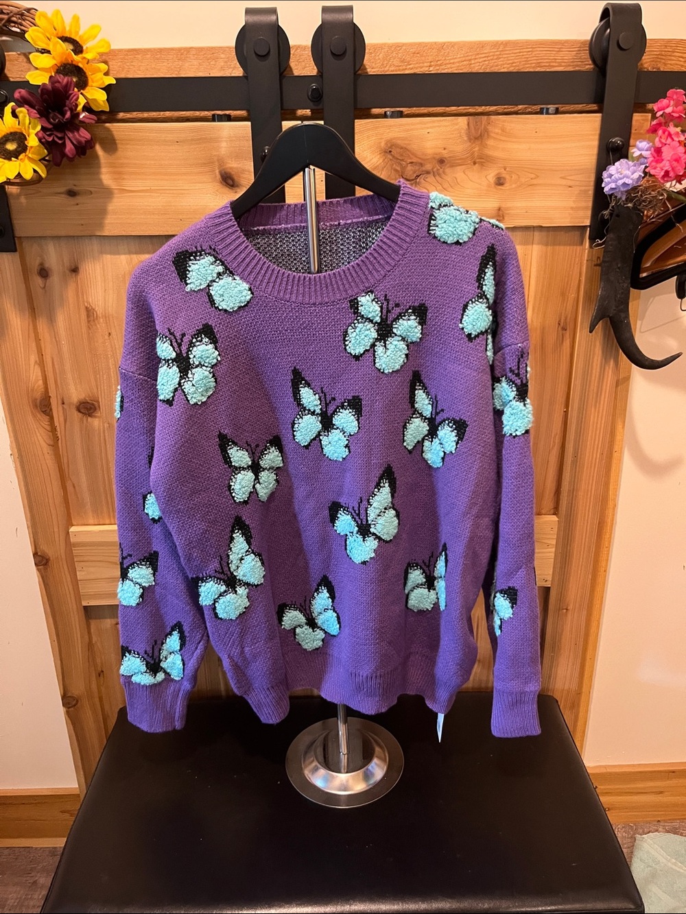 Chicwish Purple Crewneck Sweater with Aqua Butterfly Motif
